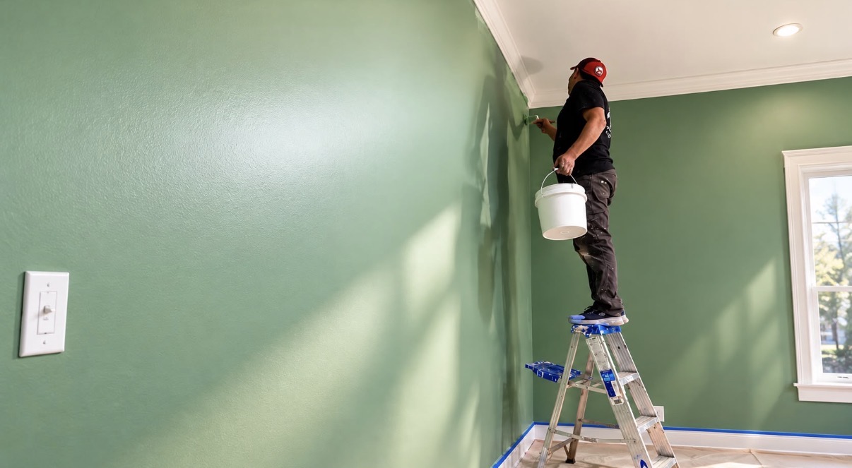 Carlos painting the upper walls of a room from a ladder, with blue painter's tape protecting the baseboards